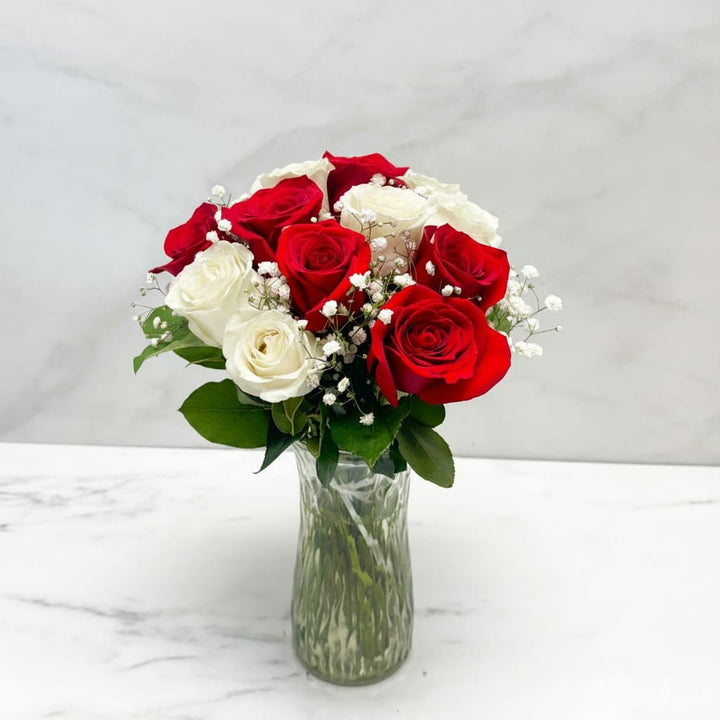 12 RED & WHITE ROSES
