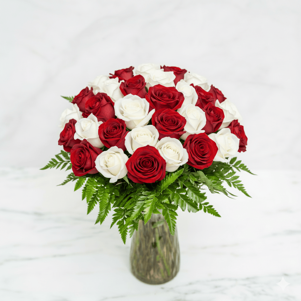 24 RED & WHITE ROSES