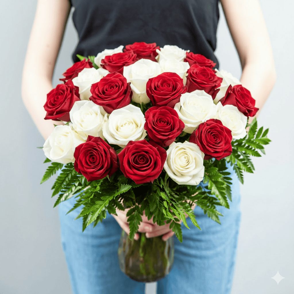 24 RED & WHITE ROSES