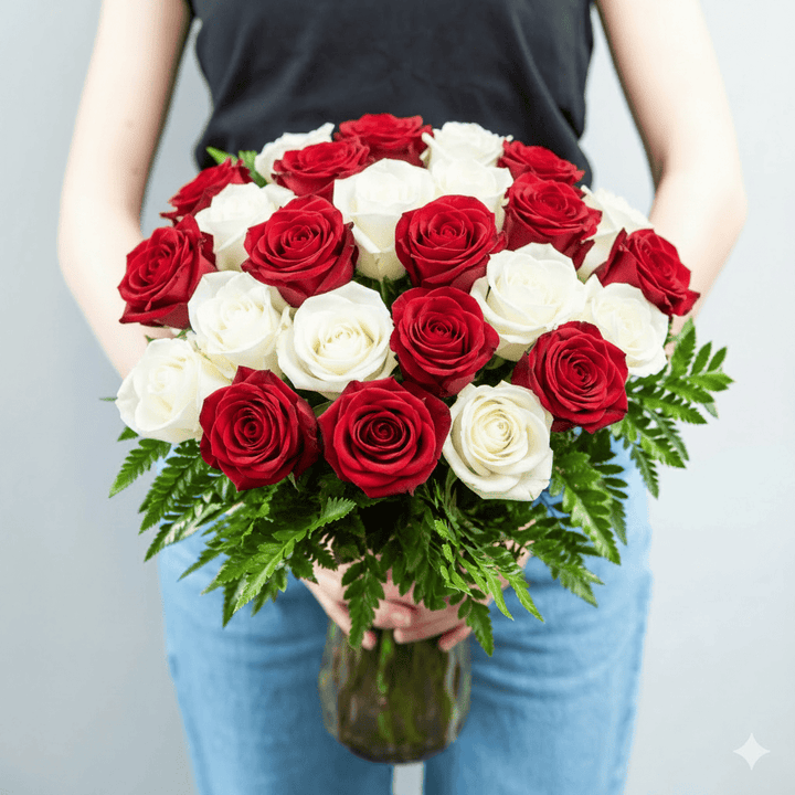 24 RED & WHITE ROSES