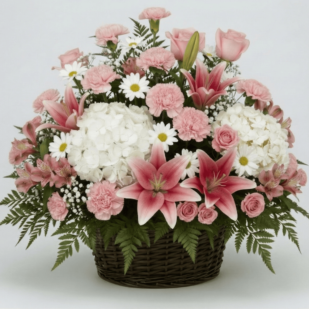 Basket Arrangement: Roses, Hydrangeas, Lilies & Daisies  (Pink & White)