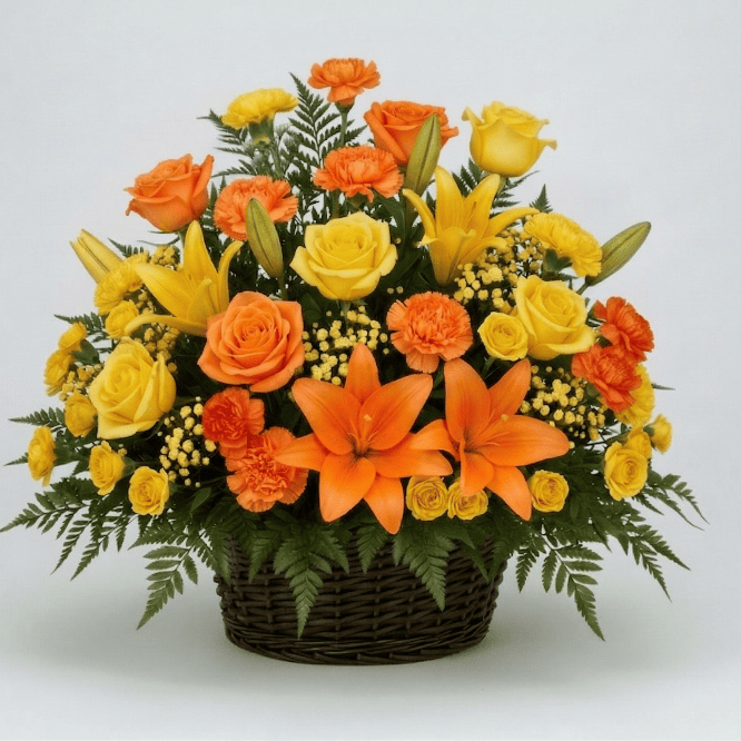 Basket Arrangement: Roses & Lillies (Yellow & Orange)