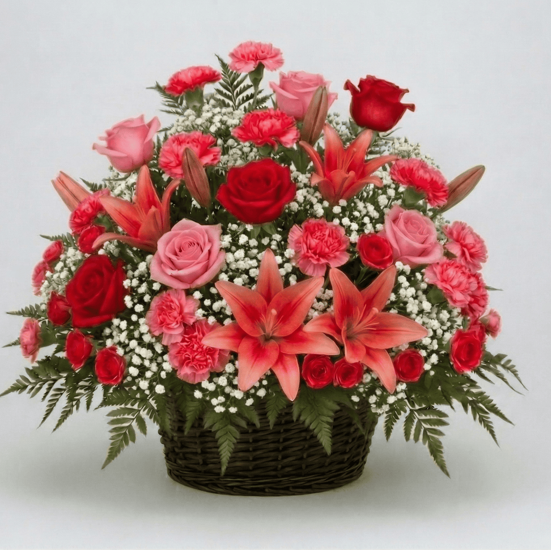 Basket Arrangement: Roses & Lillies (Red & Pink)